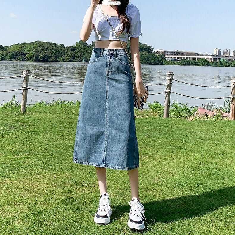 スカート ボトムス ペンシルスカート デニム ブルー ミモレ丈 ストレート カラーデニム バックスリット ワントーン 大人女子 カジュアル セクシー HIPHOP スポーティー お洒落 おしゃれ lb