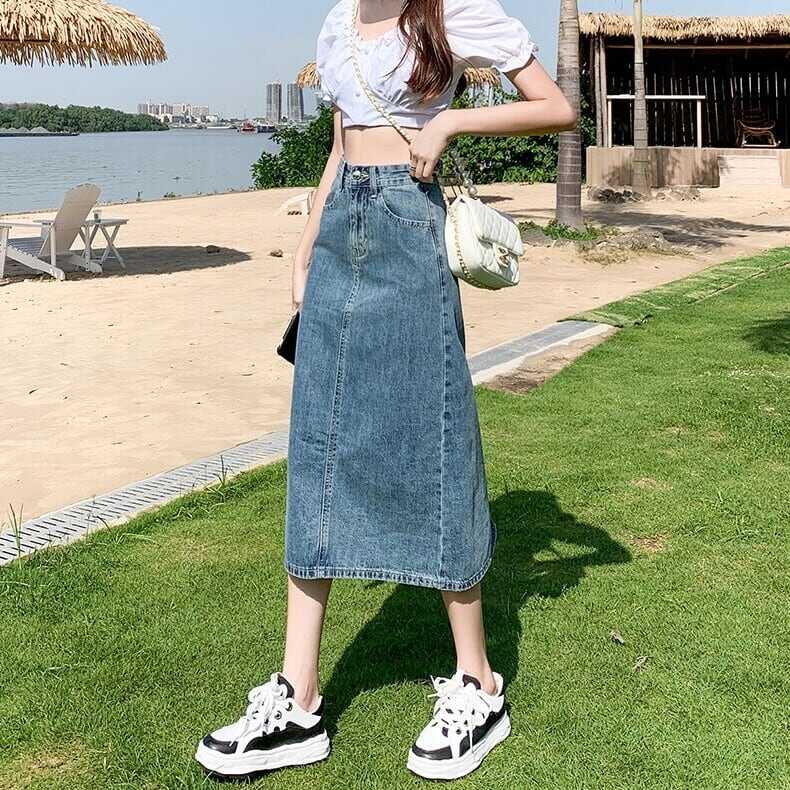 スカート ボトムス ペンシルスカート デニム ブルー ミモレ丈 ストレート カラーデニム バックスリット ワントーン 大人女子 カジュアル セクシー HIPHOP スポーティー お洒落 おしゃれ lb