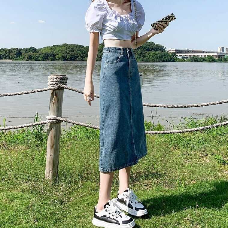 スカート ボトムス ペンシルスカート デニム ブルー ミモレ丈 ストレート カラーデニム バックスリット ワントーン 大人女子 カジュアル セクシー HIPHOP スポーティー お洒落 おしゃれ lb