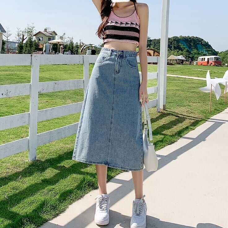 スカート ボトムス ペンシルスカート デニム ブルー ミモレ丈 ストレート カラーデニム バックスリット ワントーン 大人女子 カジュアル セクシー HIPHOP スポーティー お洒落 おしゃれ lb