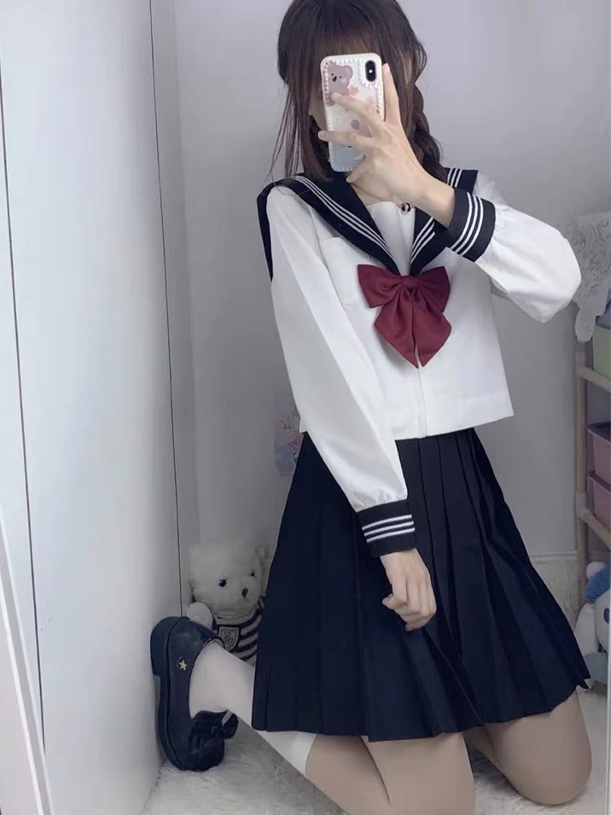 [Somnvs258] 白三本 女装対応 大きいサイズ セーラー服 JK 制服 3点セット メンズ 男性 長袖 ネクタイ ミニ スカート コスプレ 学園祭 文化祭 仮装 コスチュー 16530