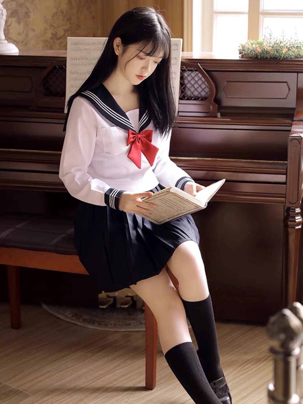[Somnvs258] 白三本 女装対応 大きいサイズ セーラー服 JK 制服 3点セット メンズ 男性 長袖 ネクタイ ミニ スカート コスプレ 学園祭 文化祭 仮装 コスチュー 16530