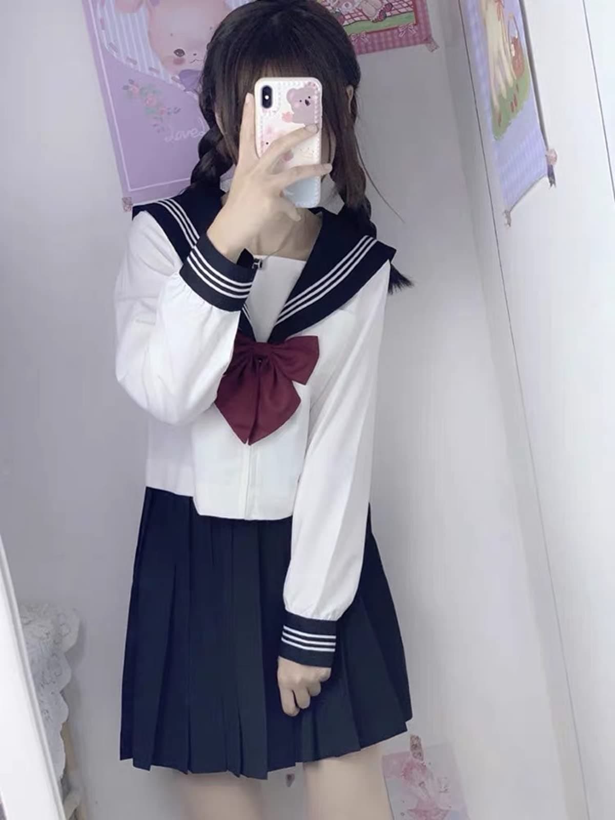 [Somnvs258] 白三本 女装対応 大きいサイズ セーラー服 JK 制服 3点セット メンズ 男性 長袖 ネクタイ ミニ スカート コスプレ 学園祭 文化祭 仮装 コスチュー 16530