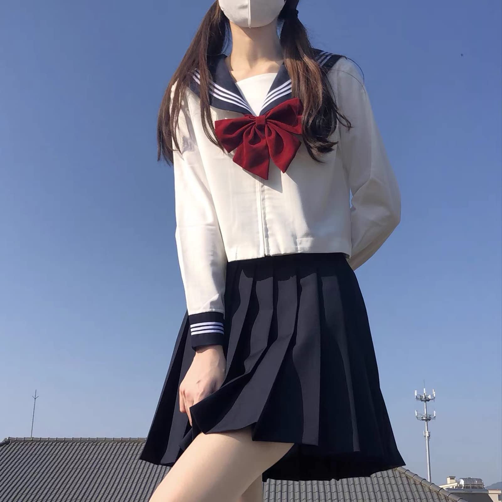 [Somnvs258] 白三本 女装対応 大きいサイズ セーラー服 JK 制服 3点セット メンズ 男性 長袖 ネクタイ ミニ スカート コスプレ 学園祭 文化祭 仮装 コスチュー 16530
