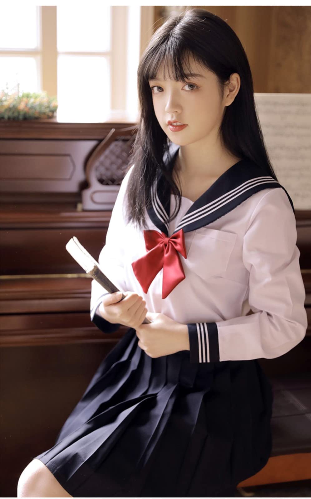 [Somnvs258] 白三本 女装対応 大きいサイズ セーラー服 JK 制服 3点セット メンズ 男性 長袖 ネクタイ ミニ スカート コスプレ 学園祭 文化祭 仮装 コスチュー 16530