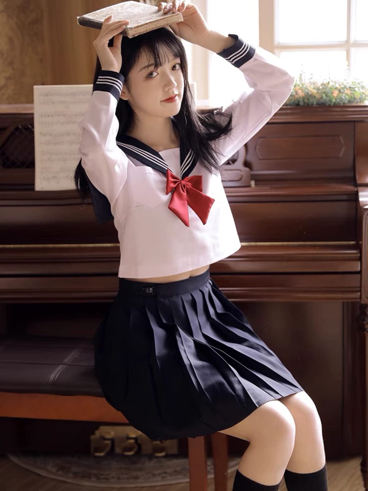 [Somnvs258] 白三本 女装対応 大きいサイズ セーラー服 JK 制服 3点セット メンズ 男性 長袖 ネクタイ ミニ スカート コスプレ 学園祭 文化祭 仮装 コスチュー 16530