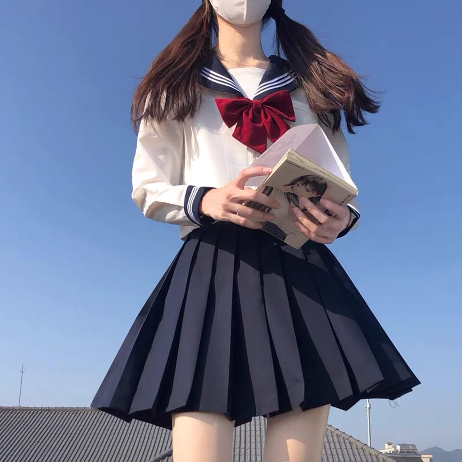 [Somnvs258] 白三本 女装対応 大きいサイズ セーラー服 JK 制服 3点セット メンズ 男性 長袖 ネクタイ ミニ スカート コスプレ 学園祭 文化祭 仮装 コスチュー 16530
