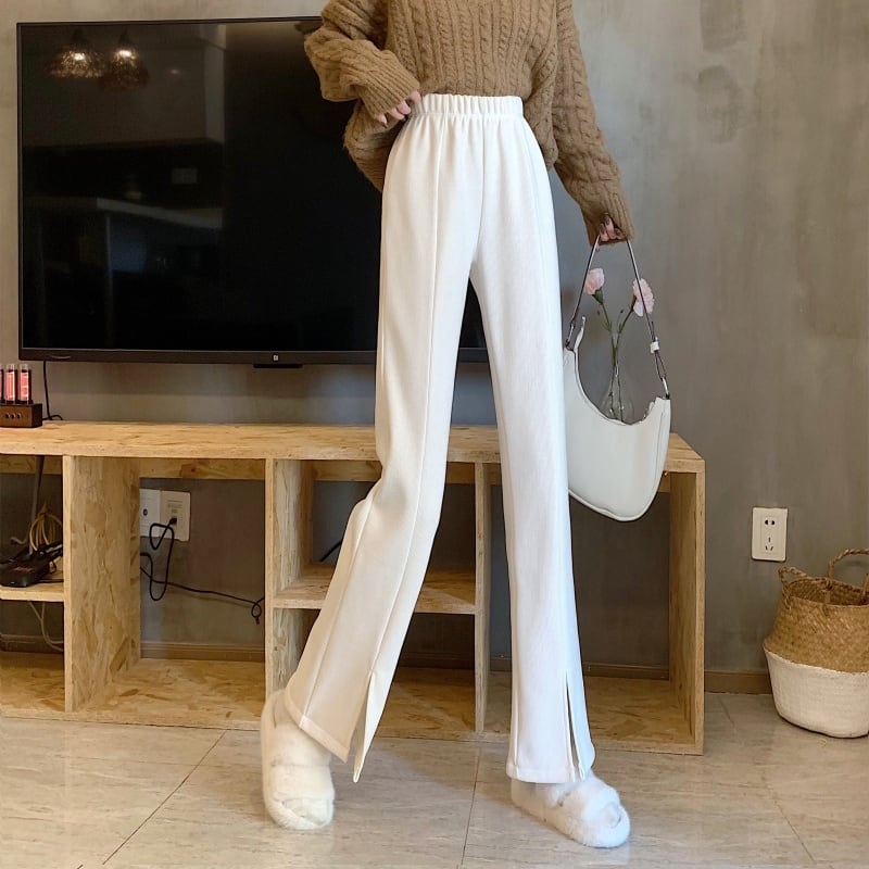 3color レディース ボトムス パンツ ストレートパンツ ワイドパンツ スリット 無地 ハイウエスト 華奢見え 楽ちん ウエストゴム