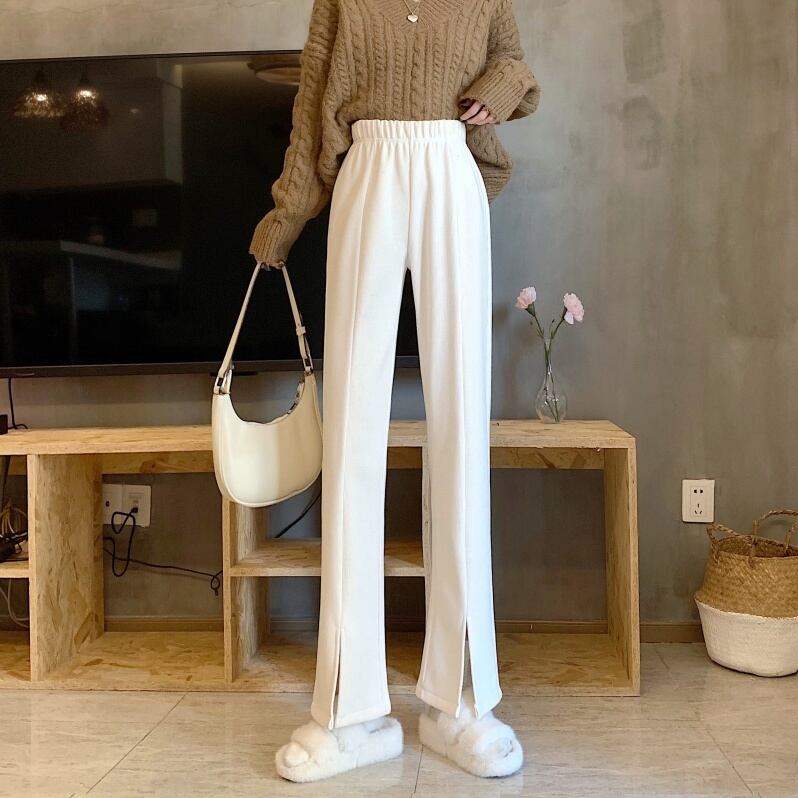 3color レディース ボトムス パンツ ストレートパンツ ワイドパンツ スリット 無地 ハイウエスト 華奢見え 楽ちん ウエストゴム