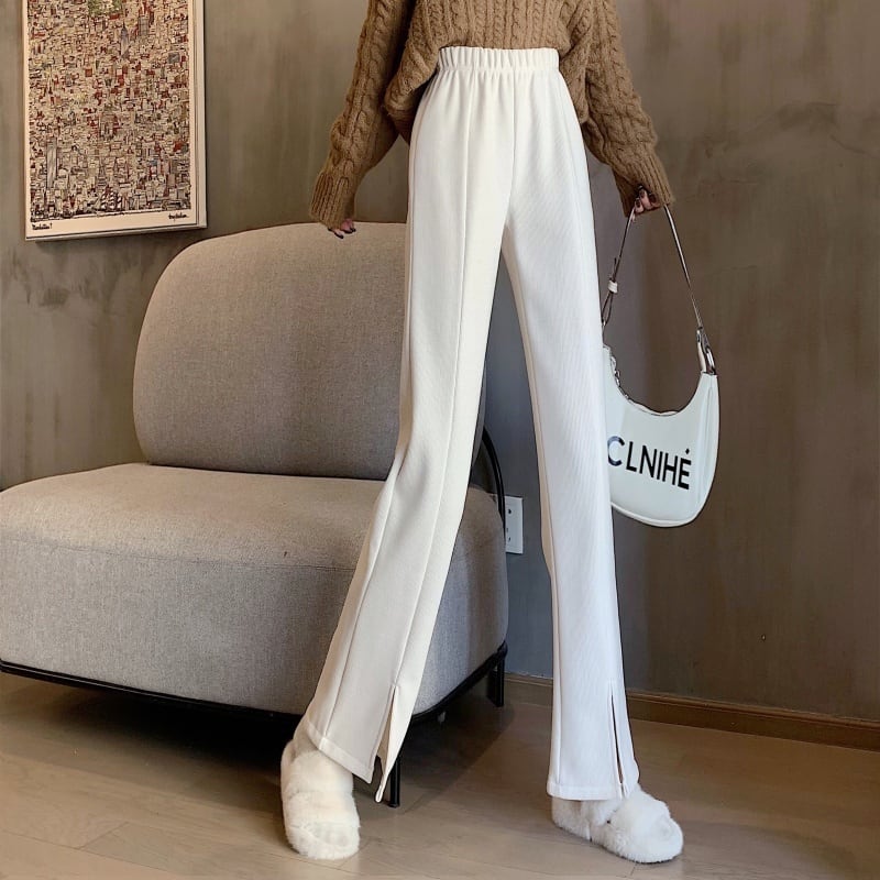 3color レディース ボトムス パンツ ストレートパンツ ワイドパンツ スリット 無地 ハイウエスト 華奢見え 楽ちん ウエストゴム