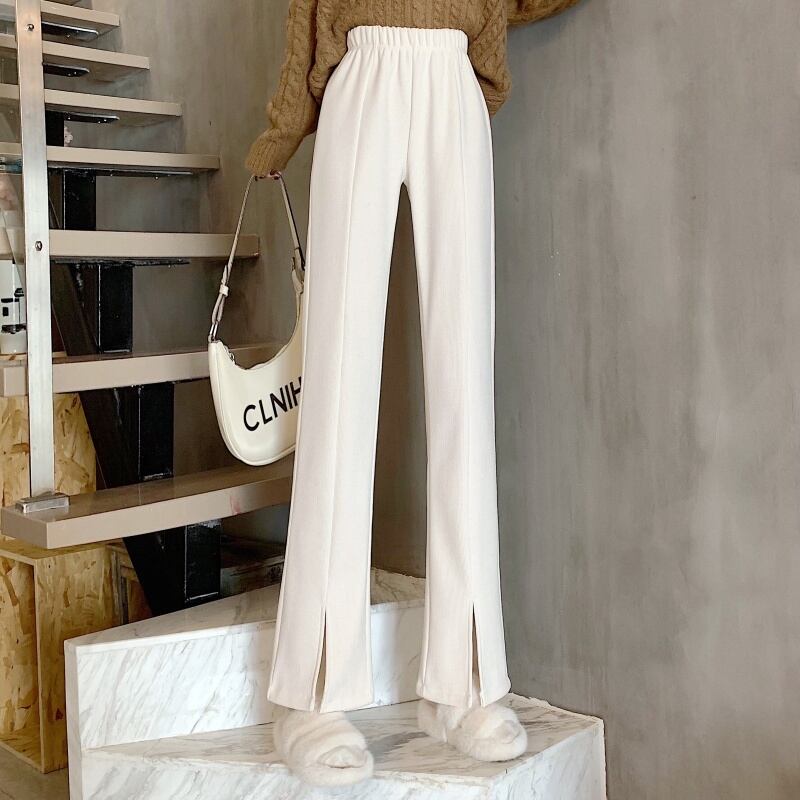 3color レディース ボトムス パンツ ストレートパンツ ワイドパンツ スリット 無地 ハイウエスト 華奢見え 楽ちん ウエストゴム