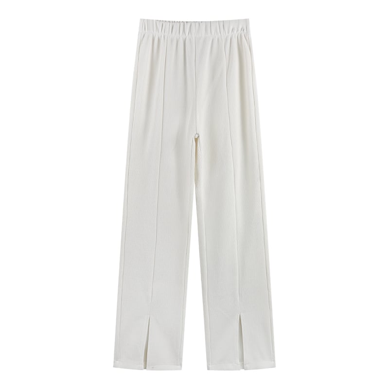 3color レディース ボトムス パンツ ストレートパンツ ワイドパンツ スリット 無地 ハイウエスト 華奢見え 楽ちん ウエストゴム