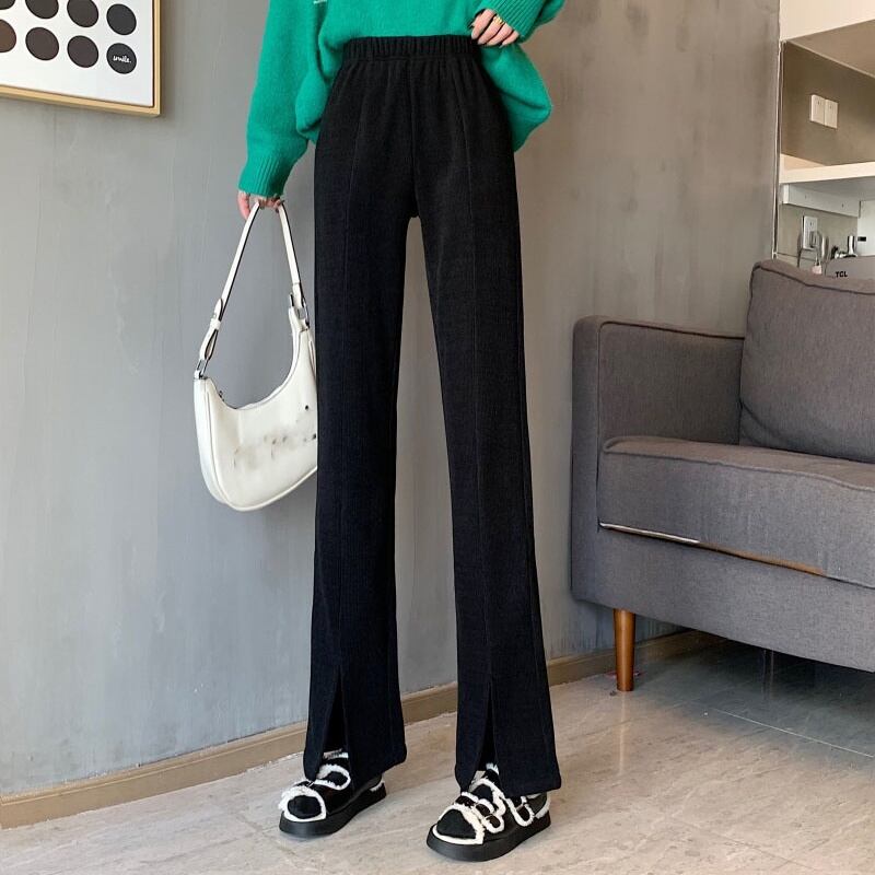 3color レディース ボトムス パンツ ストレートパンツ ワイドパンツ スリット 無地 ハイウエスト 華奢見え 楽ちん ウエストゴム