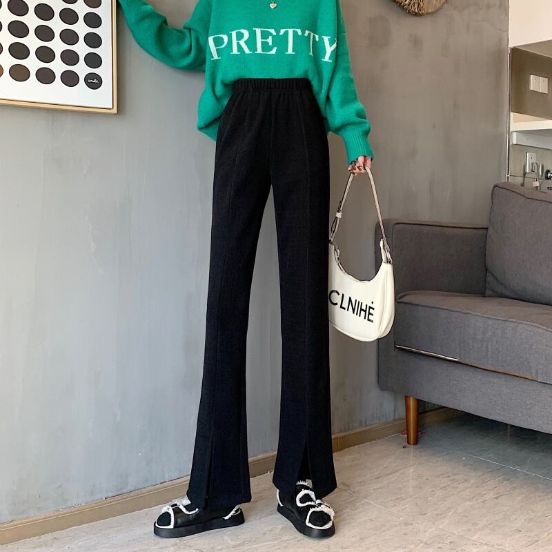 3color レディース ボトムス パンツ ストレートパンツ ワイドパンツ スリット 無地 ハイウエスト 華奢見え 楽ちん ウエストゴム