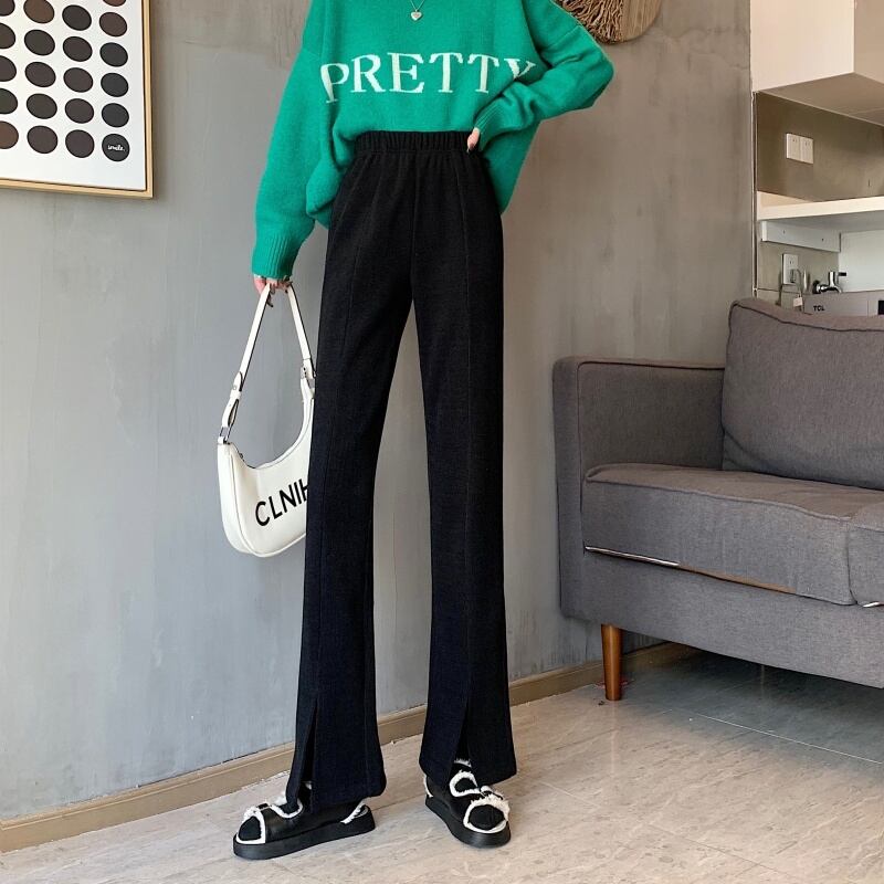 3color レディース ボトムス パンツ ストレートパンツ ワイドパンツ スリット 無地 ハイウエスト 華奢見え 楽ちん ウエストゴム