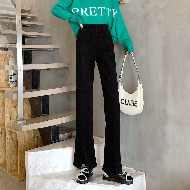 3color レディース ボトムス パンツ ストレートパンツ ワイドパンツ スリット 無地 ハイウエスト 華奢見え 楽ちん ウエストゴム