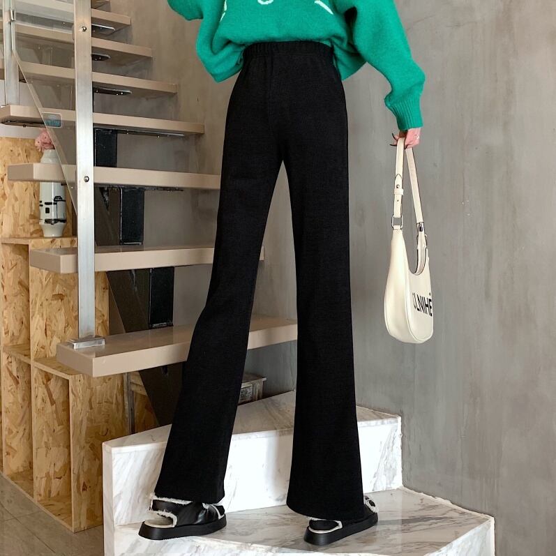 3color レディース ボトムス パンツ ストレートパンツ ワイドパンツ スリット 無地 ハイウエスト 華奢見え 楽ちん ウエストゴム