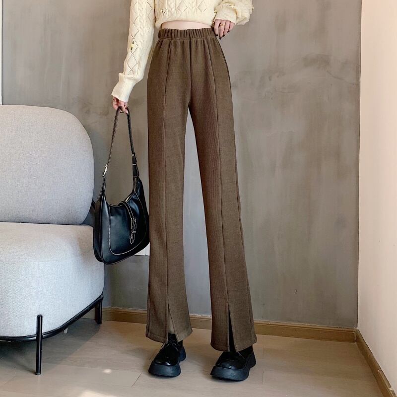 3color レディース ボトムス パンツ ストレートパンツ ワイドパンツ スリット 無地 ハイウエスト 華奢見え 楽ちん ウエストゴム