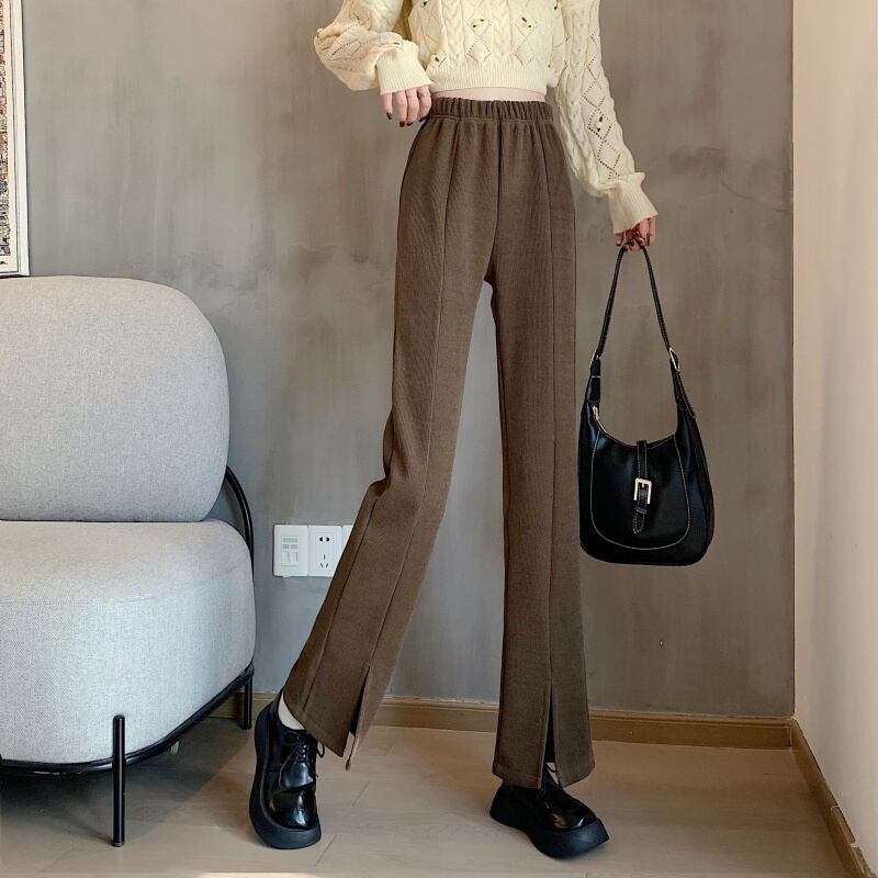 3color レディース ボトムス パンツ ストレートパンツ ワイドパンツ スリット 無地 ハイウエスト 華奢見え 楽ちん ウエストゴム