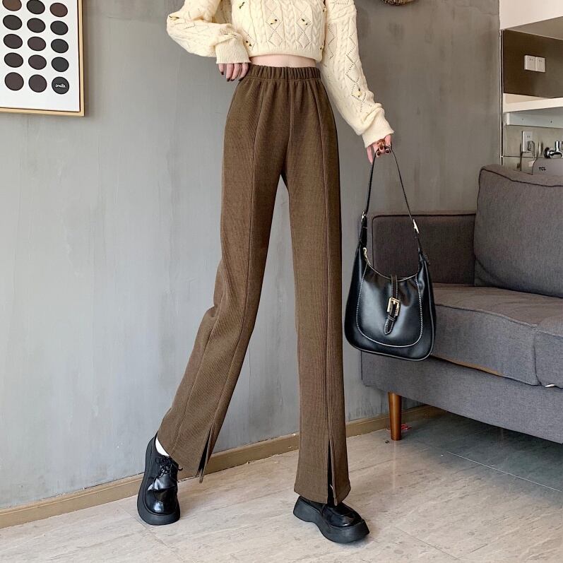 3color レディース ボトムス パンツ ストレートパンツ ワイドパンツ スリット 無地 ハイウエスト 華奢見え 楽ちん ウエストゴム