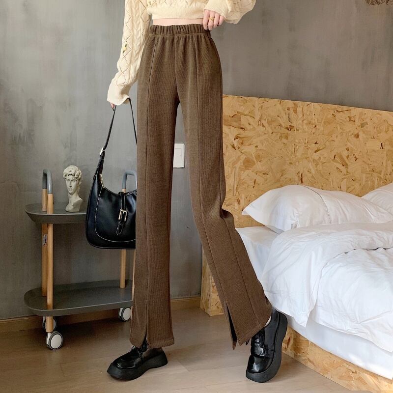 3color レディース ボトムス パンツ ストレートパンツ ワイドパンツ スリット 無地 ハイウエスト 華奢見え 楽ちん ウエストゴム