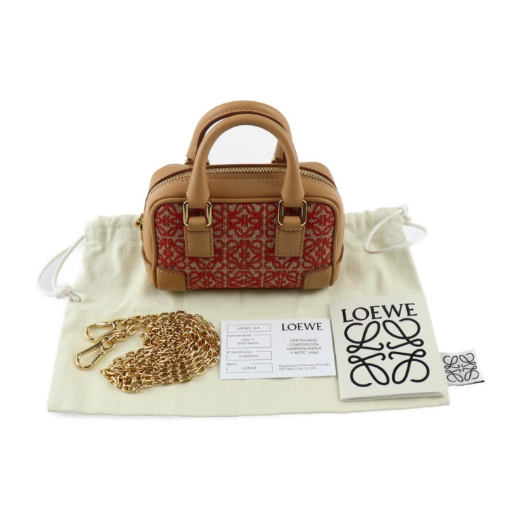 超美品 LOEWE ロエベ ハンドバッグ A039U96X02 アマソナ ナノ キャンバス カーフレザー レッド系 ライトブラウン系 ゴールド金具 2WAY チェーン ショルダ【本物保証】