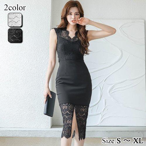 キャバドレス ナイトドレス ミディアムドレス タイト ノースリーブ ワンピース Vネック リボン アイラッシュレース 切り替え レディース グラシア