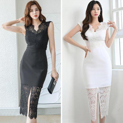 キャバドレス ナイトドレス ミディアムドレス タイト ノースリーブ ワンピース Vネック リボン アイラッシュレース 切り替え レディース グラシア