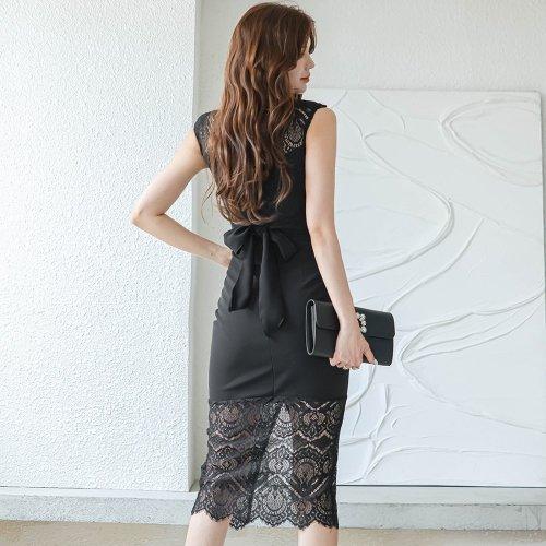 キャバドレス ナイトドレス ミディアムドレス タイト ノースリーブ ワンピース Vネック リボン アイラッシュレース 切り替え レディース グラシア