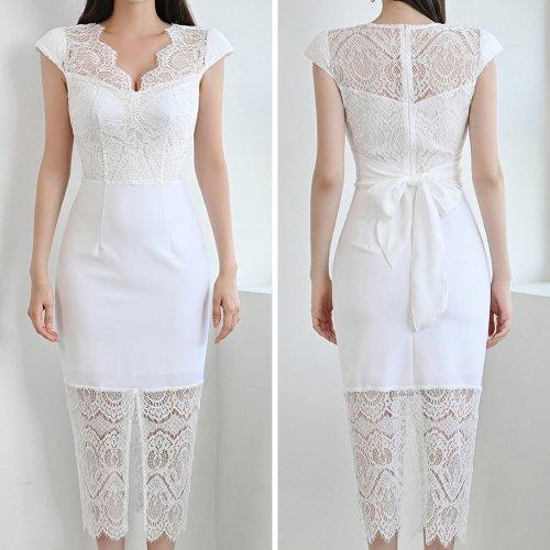 キャバドレス ナイトドレス ミディアムドレス タイト ノースリーブ ワンピース Vネック リボン アイラッシュレース 切り替え レディース グラシア