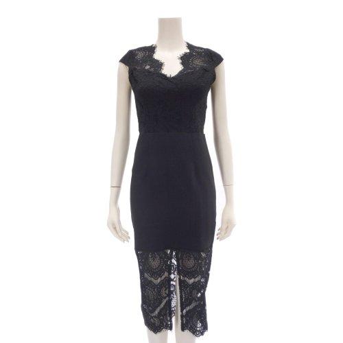 キャバドレス ナイトドレス ミディアムドレス タイト ノースリーブ ワンピース Vネック リボン アイラッシュレース 切り替え レディース グラシア