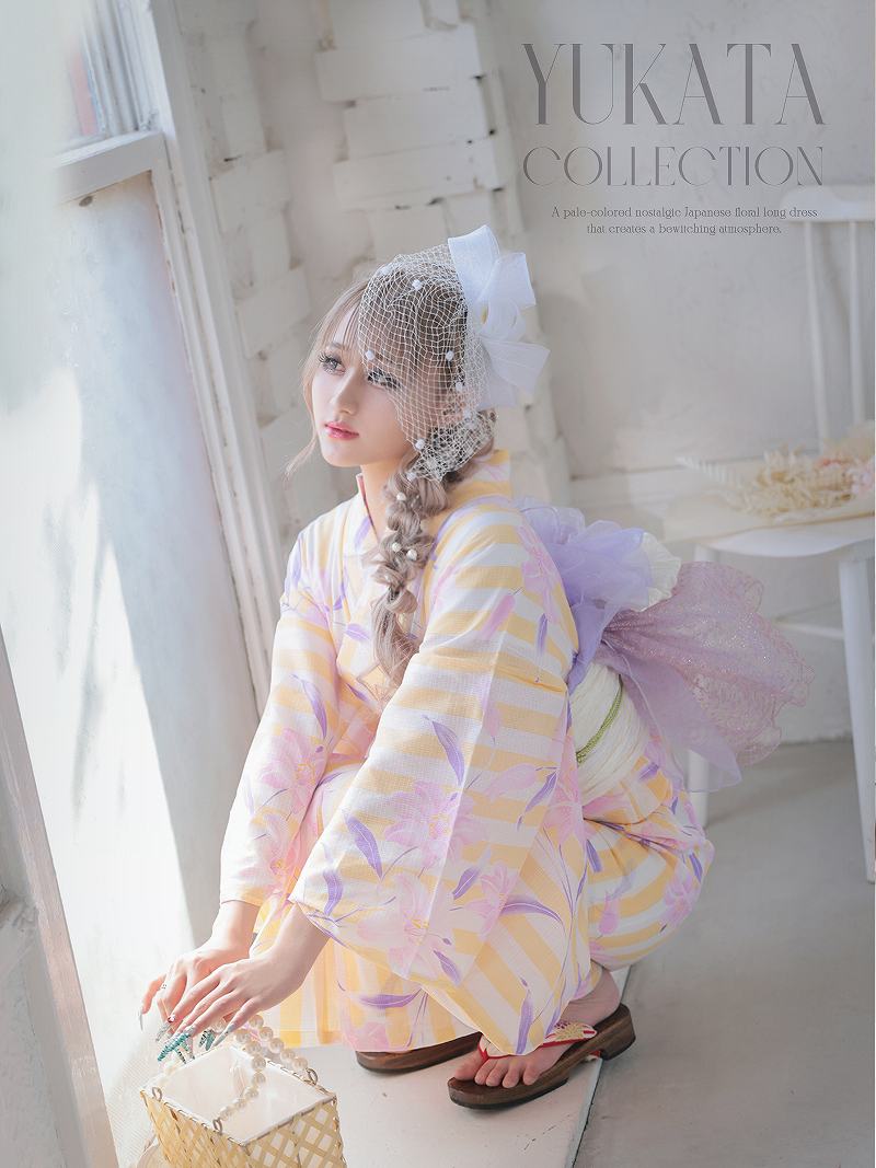 レディース浴衣 百合 黄色 ストライプ 淡い色 可愛い ガーリー フェミニン ドーリー 帯セット Ryuyu レディース浴衣 百合 黄色 ストライプ 淡い色 可愛い ガーリー フェミニン ドーリー 帯セット Ryuyu
