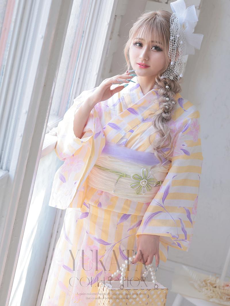 レディース浴衣 百合 黄色 ストライプ 淡い色 可愛い ガーリー フェミニン ドーリー 帯セット Ryuyu レディース浴衣 百合 黄色 ストライプ 淡い色 可愛い ガーリー フェミニン ドーリー 帯セット Ryuyu