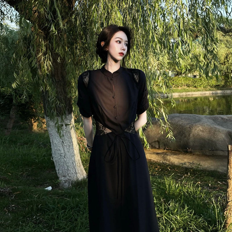 改良されたチャイナドレス2025年春夏ハイコールドロイヤルシスタースタイルブラックドレスアーティステ 母の日-0010304 改良されたチャイナドレス2025年春夏ハイコールドロイヤルシスタースタイルブラックドレスアーティステ 母の日-0010304