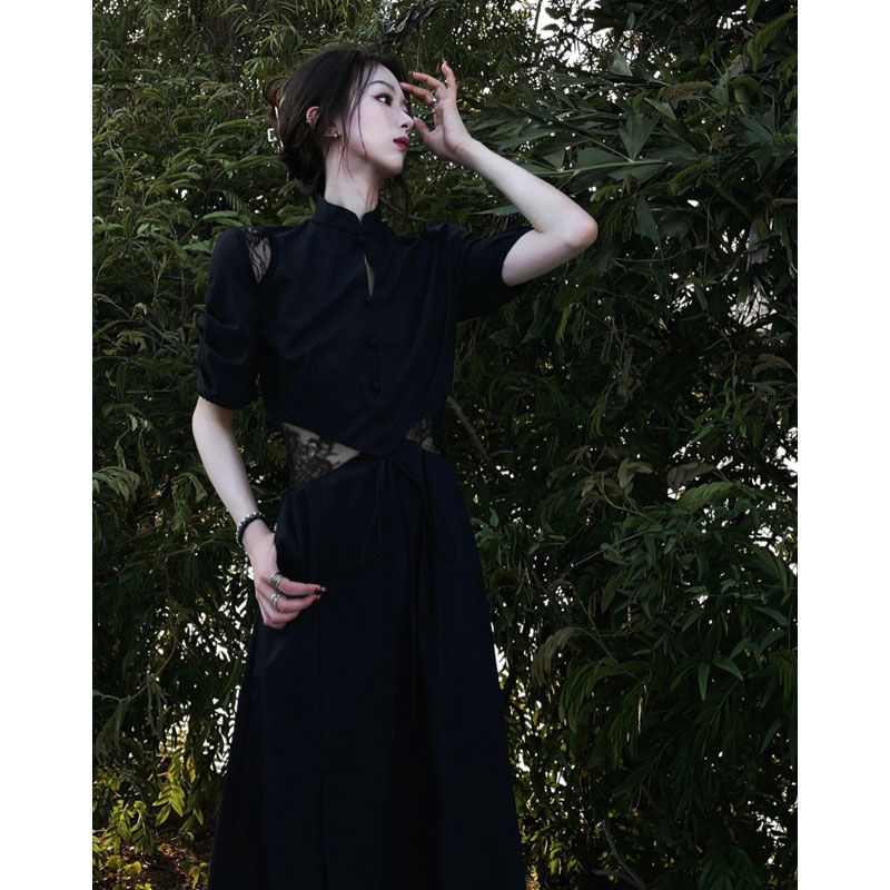 改良されたチャイナドレス2025年春夏ハイコールドロイヤルシスタースタイルブラックドレスアーティステ 母の日-0010304 改良されたチャイナドレス2025年春夏ハイコールドロイヤルシスタースタイルブラックドレスアーティステ 母の日-0010304