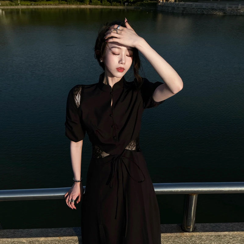 改良されたチャイナドレス2025年春夏ハイコールドロイヤルシスタースタイルブラックドレスアーティステ 母の日-0010304 改良されたチャイナドレス2025年春夏ハイコールドロイヤルシスタースタイルブラックドレスアーティステ 母の日-0010304