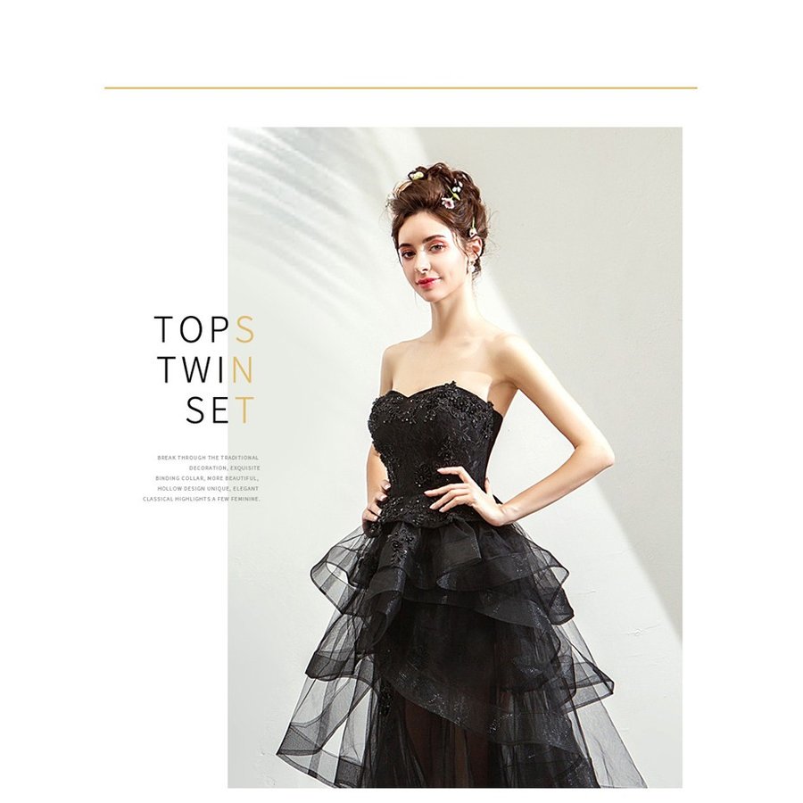 パーティードレス黒ウェディングドレス花嫁 ロングドレス 大きいサイズ フォーマル結婚式二次会 舞台衣装お呼ばれドレス披露宴ドレスライン 司会者 編み上げ