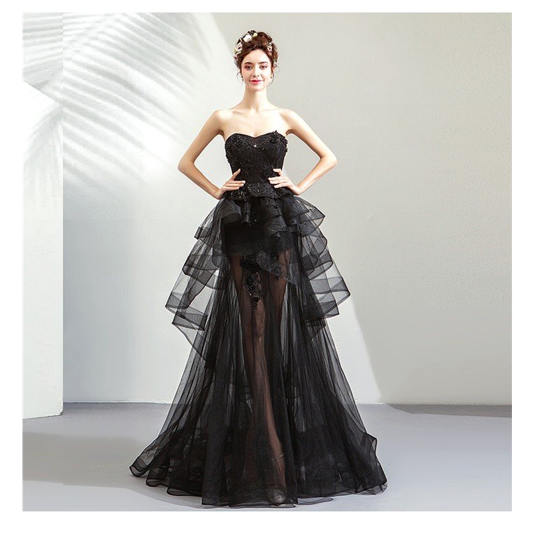 パーティードレス黒ウェディングドレス花嫁 ロングドレス 大きいサイズ フォーマル結婚式二次会 舞台衣装お呼ばれドレス披露宴ドレスライン 司会者 編み上げ