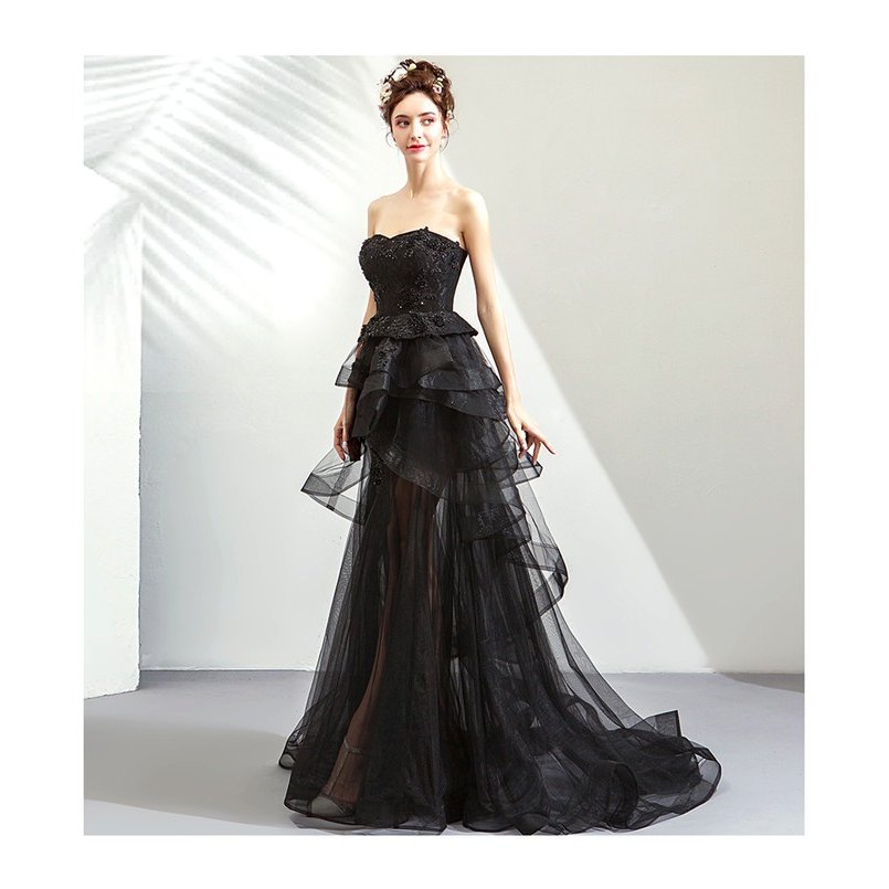 パーティードレス黒ウェディングドレス花嫁 ロングドレス 大きいサイズ フォーマル結婚式二次会 舞台衣装お呼ばれドレス披露宴ドレスライン 司会者 編み上げ