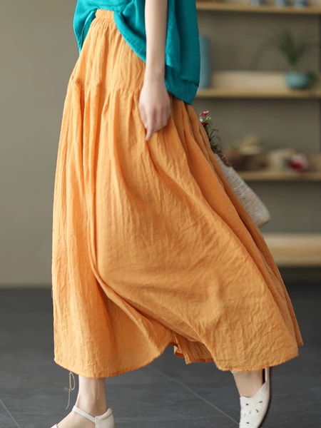 全５色 ロングスイングスカート レディース スカート フレアスカート ロングスカート 膝下 ロング ワイド フレア Aライン 裾ワイド フェミニン ウエストゴム 綿 麻 かわいい 大人可愛い