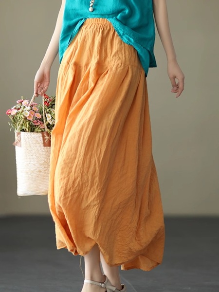 全５色 ロングスイングスカート レディース スカート フレアスカート ロングスカート 膝下 ロング ワイド フレア Aライン 裾ワイド フェミニン ウエストゴム 綿 麻 かわいい 大人可愛い