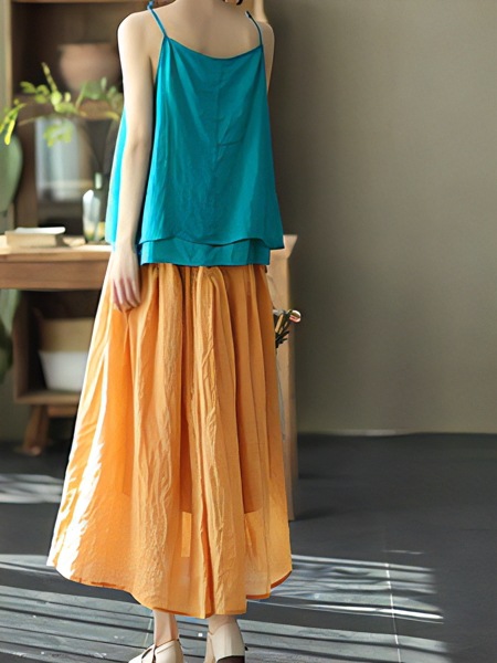 全５色 ロングスイングスカート レディース スカート フレアスカート ロングスカート 膝下 ロング ワイド フレア Aライン 裾ワイド フェミニン ウエストゴム 綿 麻 かわいい 大人可愛い