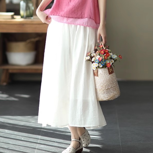 全５色 ロングスイングスカート レディース スカート フレアスカート ロングスカート 膝下 ロング ワイド フレア Aライン 裾ワイド フェミニン ウエストゴム 綿 麻 かわいい 大人可愛い