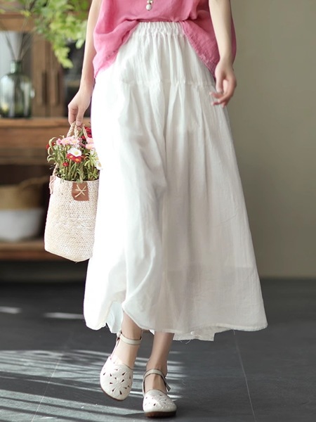 全５色 ロングスイングスカート レディース スカート フレアスカート ロングスカート 膝下 ロング ワイド フレア Aライン 裾ワイド フェミニン ウエストゴム 綿 麻 かわいい 大人可愛い