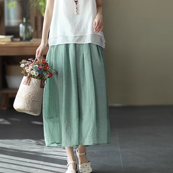 全５色 ロングスイングスカート レディース スカート フレアスカート ロングスカート 膝下 ロング ワイド フレア Aライン 裾ワイド フェミニン ウエストゴム 綿 麻 かわいい 大人可愛い