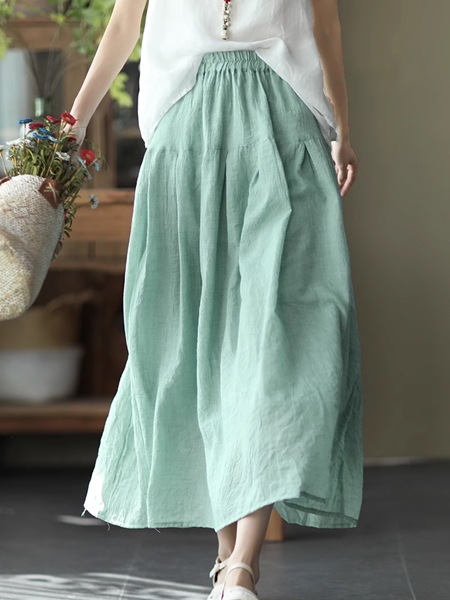 全５色 ロングスイングスカート レディース スカート フレアスカート ロングスカート 膝下 ロング ワイド フレア Aライン 裾ワイド フェミニン ウエストゴム 綿 麻 かわいい 大人可愛い