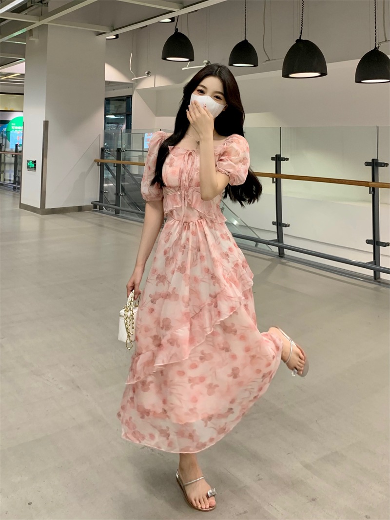 個性的 夏服 ワンピース ワンピドレス フレアワンピース ティアード ロジスワンピ ロング アンクル 袖あり 半袖 五分袖 パフスリーブ フレアスリーブ ボウタイ 襟付き フレア セミフレア