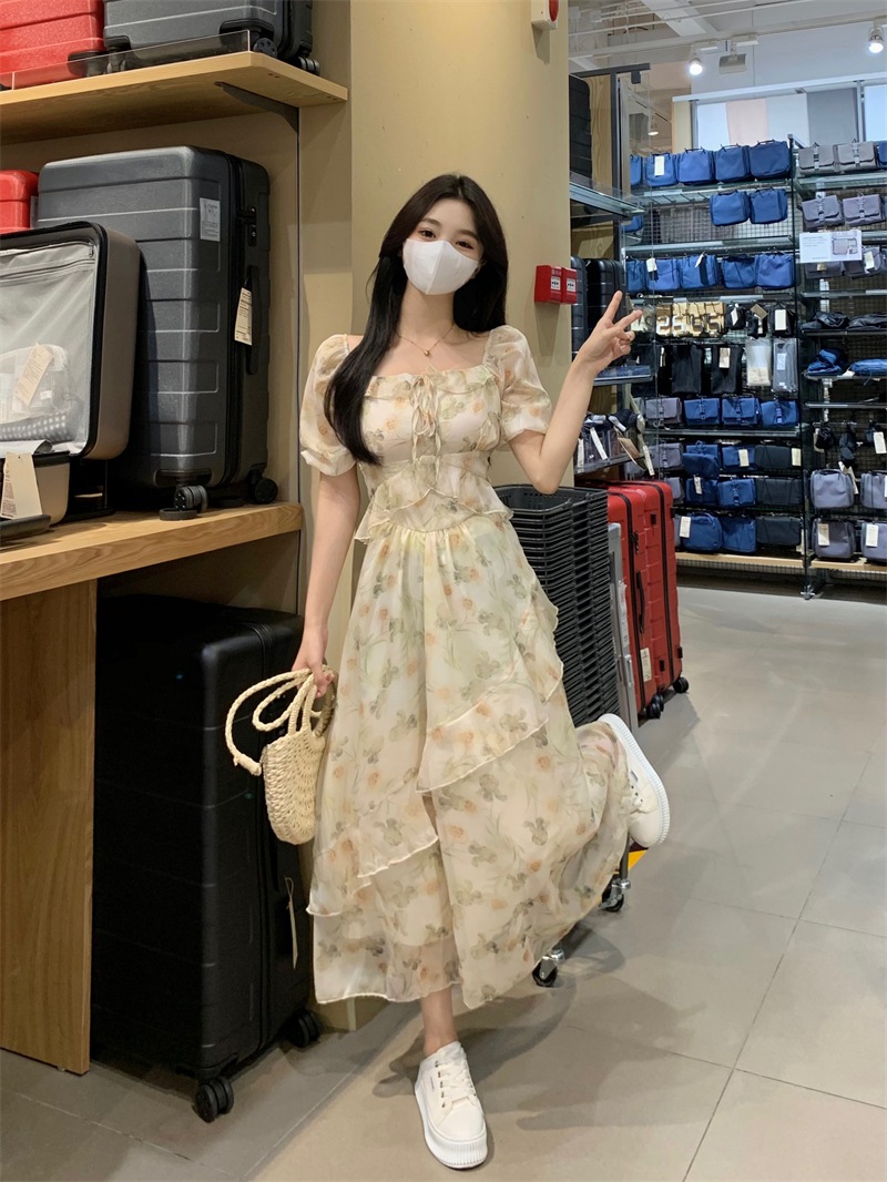 個性的 夏服 ワンピース ワンピドレス フレアワンピース ティアード ロジスワンピ ロング アンクル 袖あり 半袖 五分袖 パフスリーブ フレアスリーブ ボウタイ 襟付き フレア セミフレア