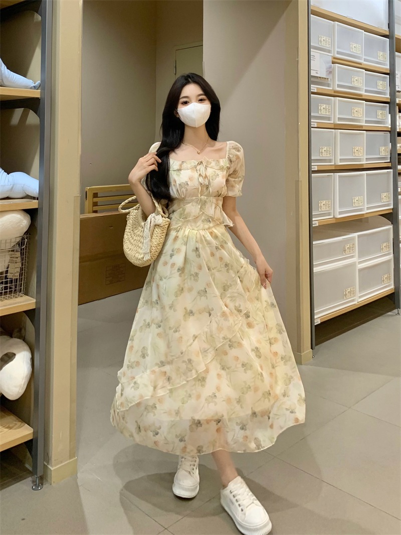 個性的 夏服 ワンピース ワンピドレス フレアワンピース ティアード ロジスワンピ ロング アンクル 袖あり 半袖 五分袖 パフスリーブ フレアスリーブ ボウタイ 襟付き フレア セミフレア