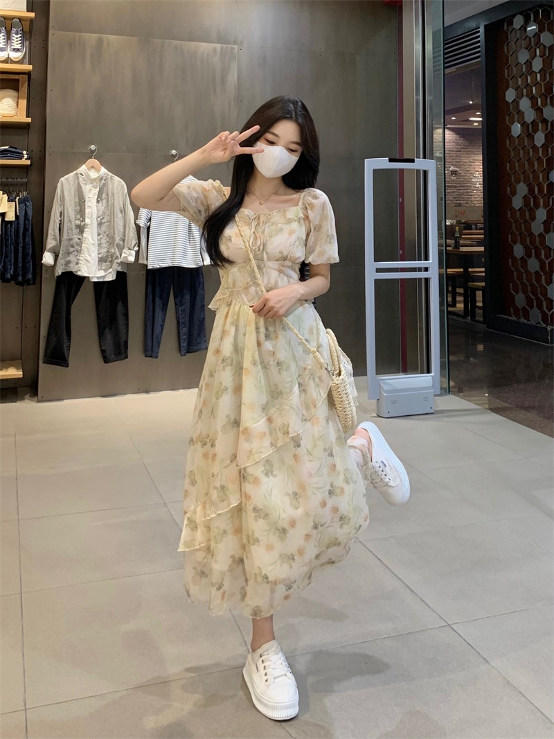 個性的 夏服 ワンピース ワンピドレス フレアワンピース ティアード ロジスワンピ ロング アンクル 袖あり 半袖 五分袖 パフスリーブ フレアスリーブ ボウタイ 襟付き フレア セミフレア